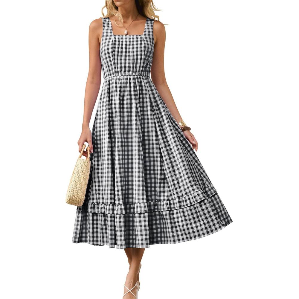 imageCaracilia Womens Summer Casual Gingham Plaid Midi Dress Sleeveless Square Neck Flowy Beach Vacation Sundress with PocketsBlack White Plaid