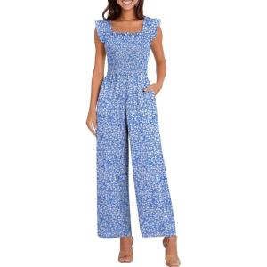 Caracilia Jumpsuits for Women Dressy Casual Smocked Ruffle Cap Sleeve Rompers 2026 One Piece Summer Outfits with Pockets(Blue White Floral)