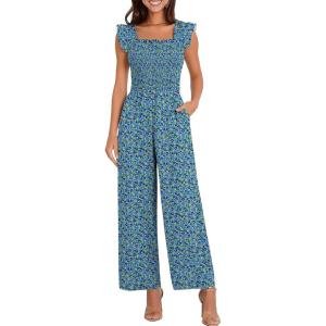 Caracilia Jumpsuits for Women Dressy Casual Smocked Ruffle Cap Sleeve Rompers 2026 One Piece Summer Outfits with Pockets(Blue White Green Floral)