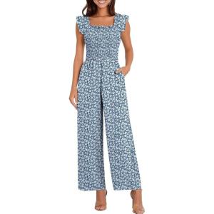 Caracilia Jumpsuits for Women Dressy Casual Smocked Ruffle Cap Sleeve Rompers 2026 One Piece Summer Outfits with Pockets(Navy Blue White Floral)