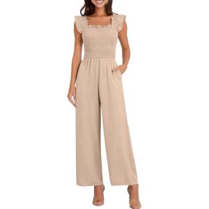 Caracilia Jumpsuits for Women Dressy Casual Smocked Ruffle Cap Sleeve Rompers 2026 One Piece Summer Outfits with Pockets(Parchment)