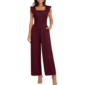 Caracilia Jumpsuits for Women Dressy Casual Smocked Ruffle Cap Sleeve Rompers 2026 One Piece Summer Outfits with Pockets(Wine Red)