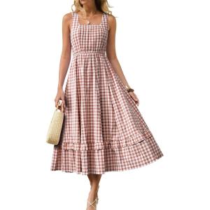 Caracilia Womens Summer Casual Gingham Plaid Midi Dress Sleeveless Square Neck Flowy Beach Vacation Sundress with Pockets(Brown White Plaid)