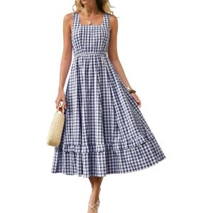Caracilia Womens Summer Casual Gingham Plaid Midi Dress Sleeveless Square Neck Flowy Beach Vacation Sundress with Pockets(Navy Blue White Plaid)