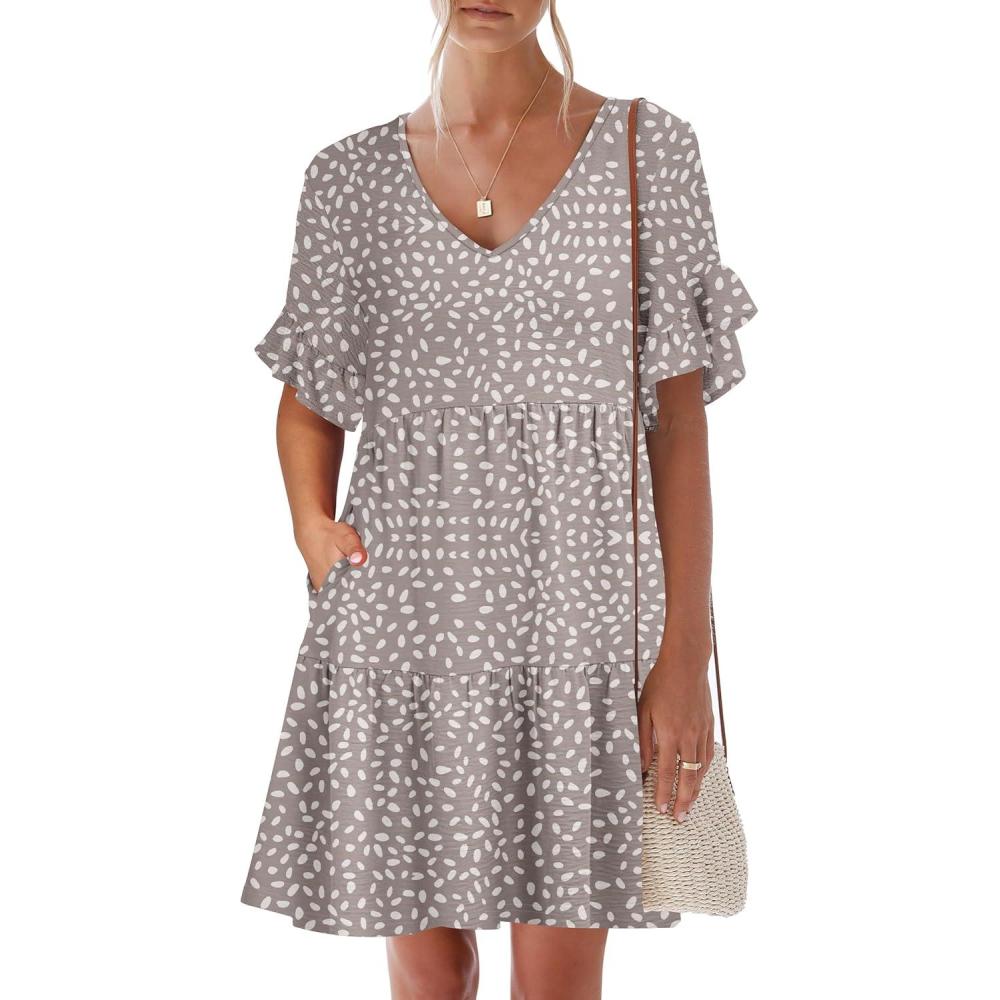 imageCaracilia Dresses for Women Summer Casual 2026 Ruffle Short Sleeve A Line Tiered Flowy Cute V Neck Mini Beach Dress PocketsKhaki Polka Dot Gray