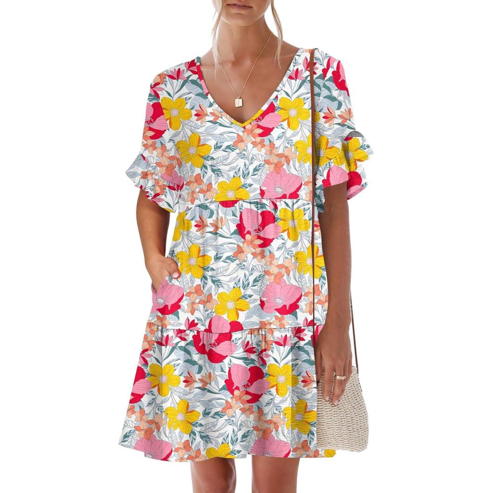 imageCaracilia Dresses for Women Summer Casual 2026 Ruffle Short Sleeve A Line Tiered Flowy Cute V Neck Mini Beach Dress PocketsMulticolour Floral