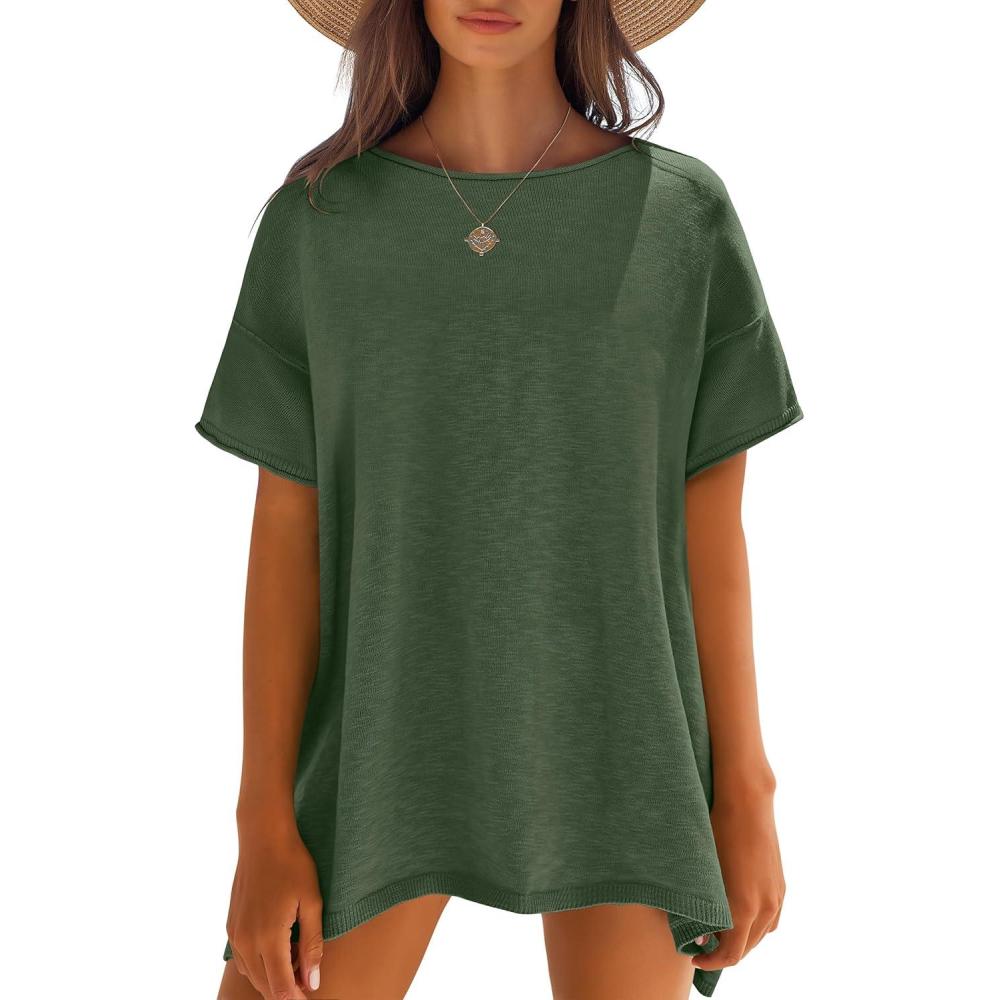 imageCaracilia Women Summer Lightweight Sweater Top Oversized Short Sleeve Drop Shoulder Seams Outside Casual TShirts Trendy 2026Army Green