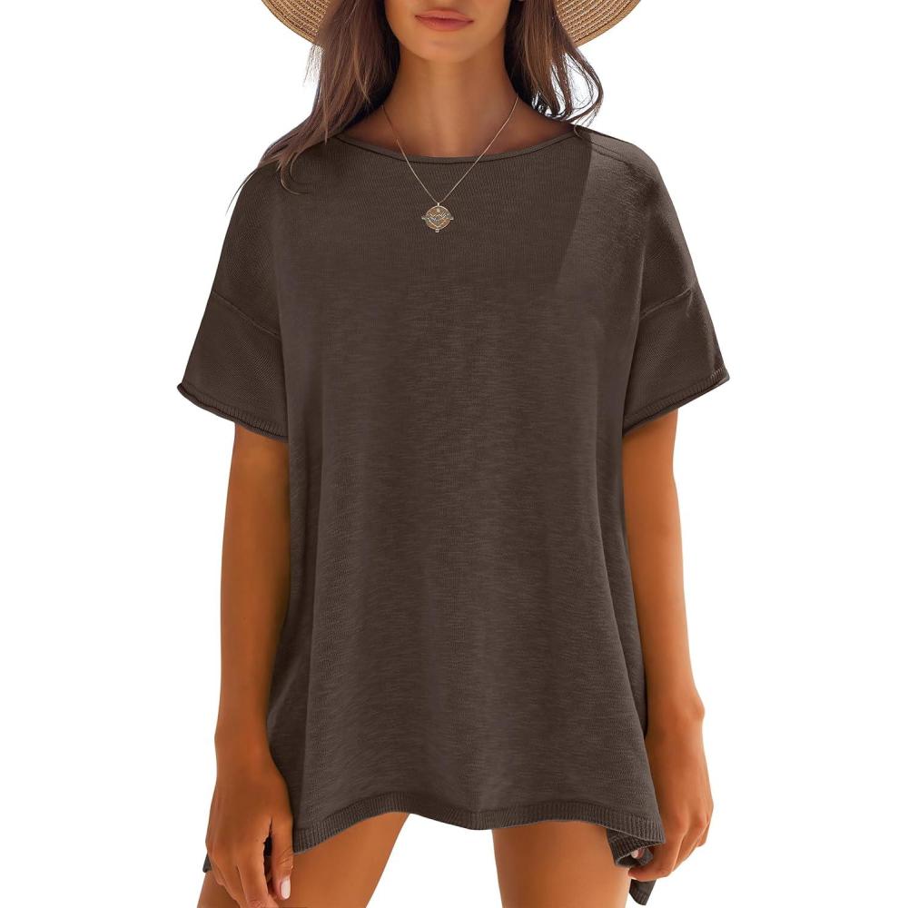 imageCaracilia Women Summer Lightweight Sweater Top Oversized Short Sleeve Drop Shoulder Seams Outside Casual TShirts Trendy 2026Coffee