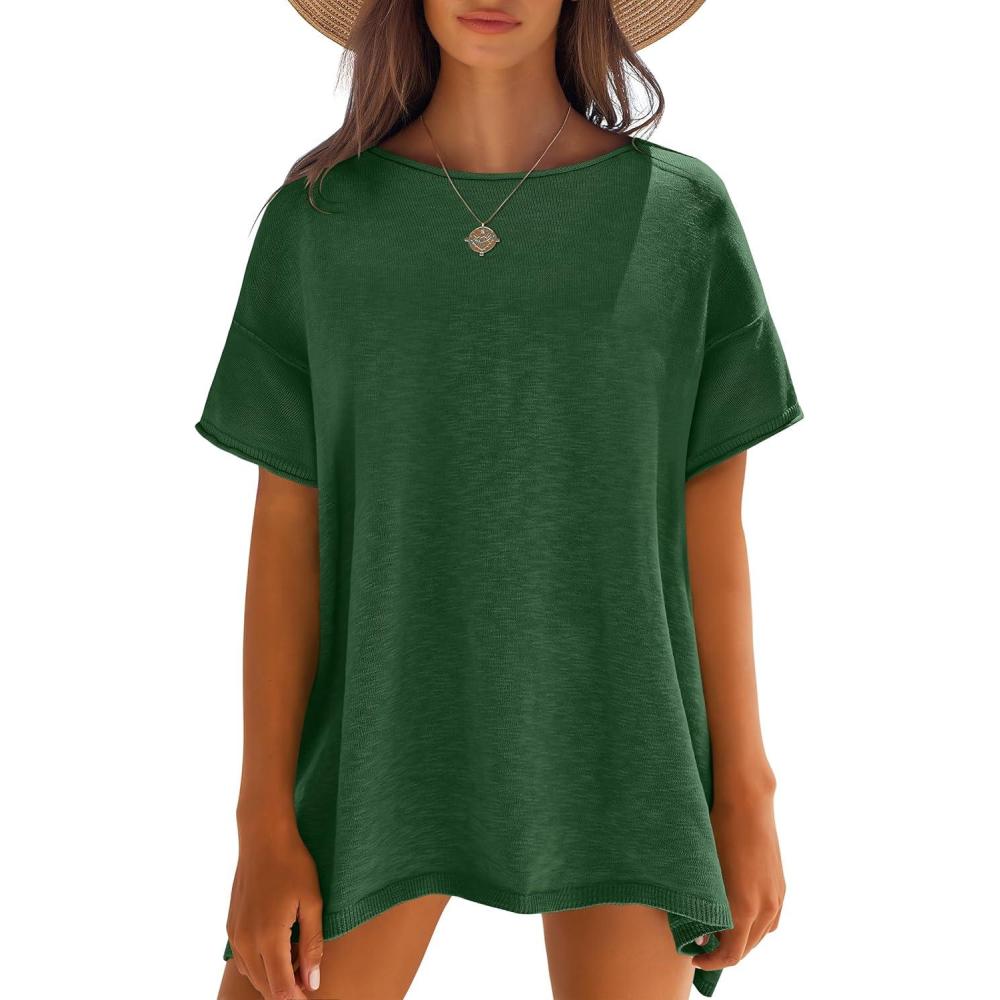 imageCaracilia Women Summer Lightweight Sweater Top Oversized Short Sleeve Drop Shoulder Seams Outside Casual TShirts Trendy 2026Green