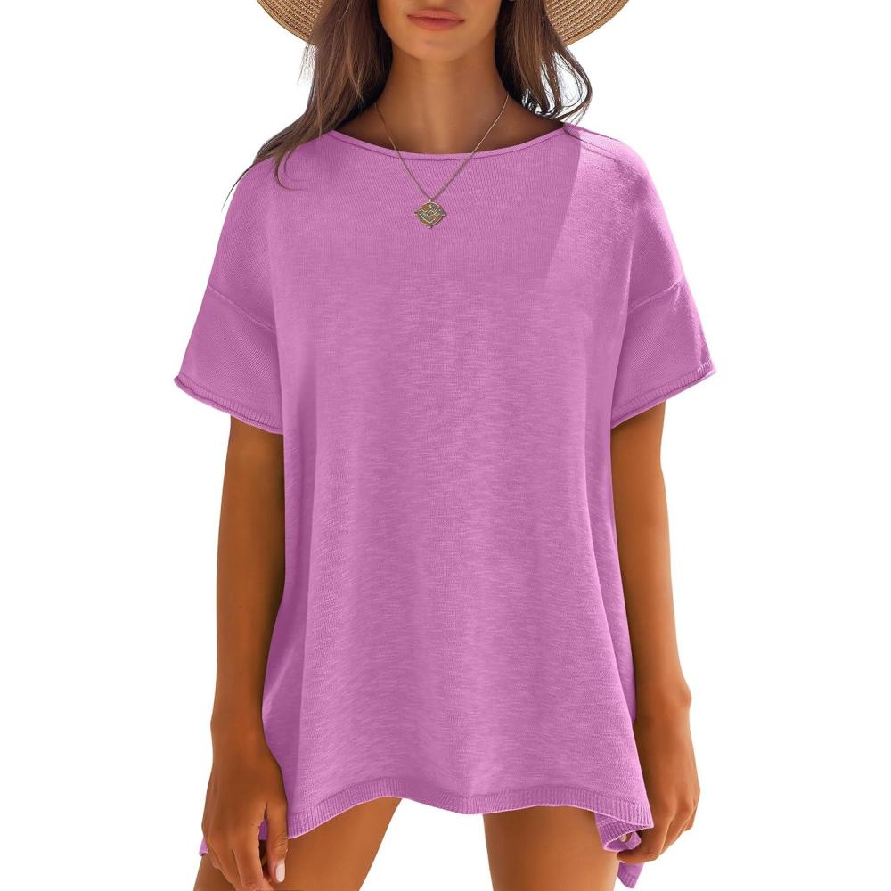imageCaracilia Women Summer Lightweight Sweater Top Oversized Short Sleeve Drop Shoulder Seams Outside Casual TShirts Trendy 2026Light Purple