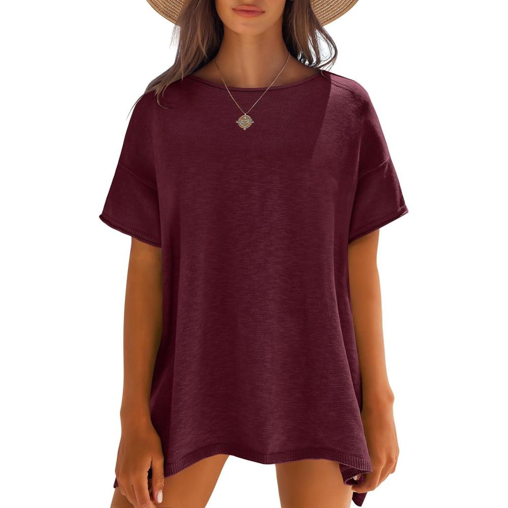 imageCaracilia Women Summer Lightweight Sweater Top Oversized Short Sleeve Drop Shoulder Seams Outside Casual TShirts Trendy 2026Wine Red
