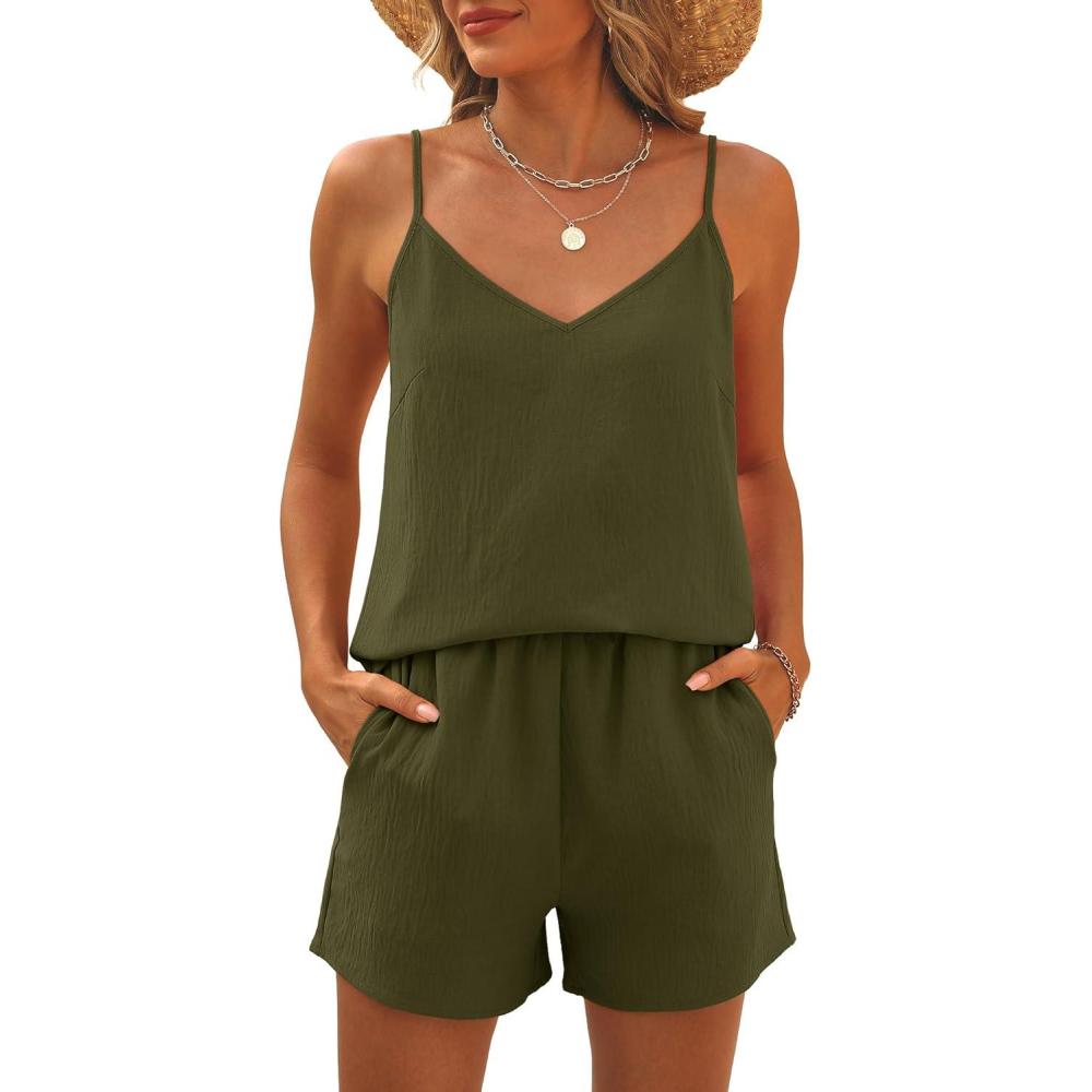 imageCaracilia Womens 2 Piece Lounge Sets Summer Outfits V Neck Tank Top Short Matching Set Casual Travel Beach Vacation ClothesArmy Green