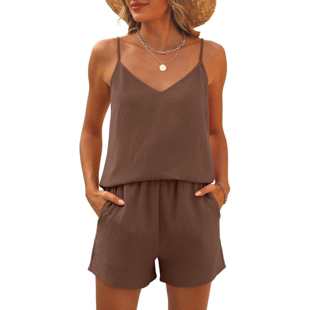 imageCaracilia Womens 2 Piece Lounge Sets Summer Outfits V Neck Tank Top Short Matching Set Casual Travel Beach Vacation ClothesBown