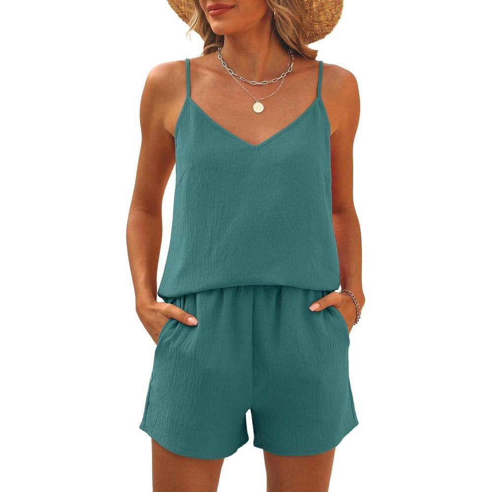 imageCaracilia Womens 2 Piece Lounge Sets Summer Outfits V Neck Tank Top Short Matching Set Casual Travel Beach Vacation ClothesLake