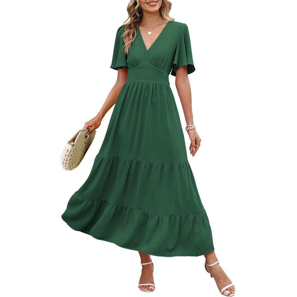 imageCaracilia Womens Summer Maxi Dresses Casual Ruffle Short Sleeve V Neck Tiered ALine Flowy Boho Beach Long Dress with PocketsDark Green