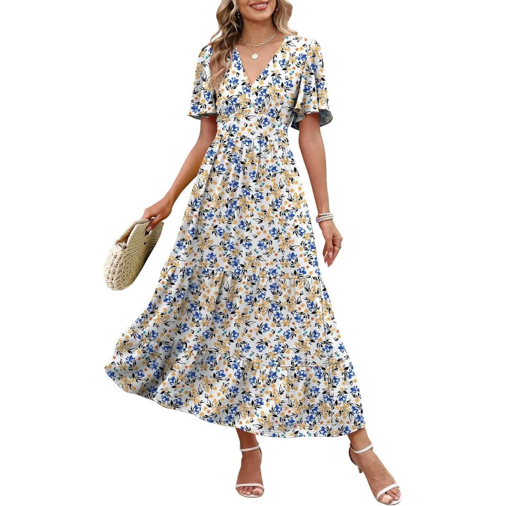 imageCaracilia Womens Summer Maxi Dresses Casual Ruffle Short Sleeve V Neck Tiered ALine Flowy Boho Beach Long Dress with PocketsYellow Blue Floral