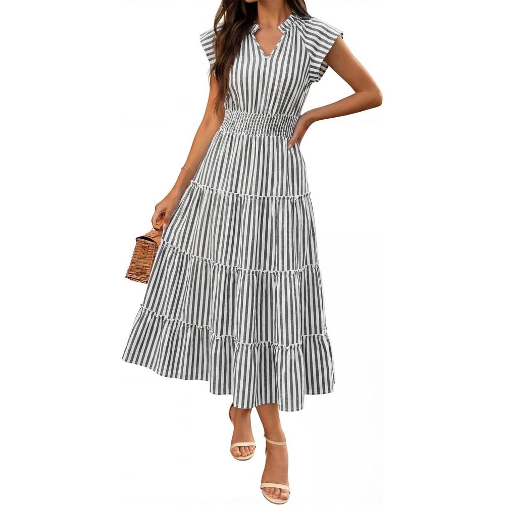 imageCaracilia Womens Summer Maxi Dresses Casual V Neck Cap Sleeve Gingham Striped Dress Flowy Tiered Beach Vacation Midi SundressBlack White Stripe