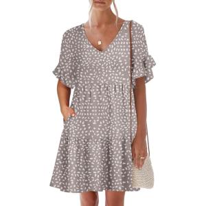 Caracilia Dresses for Women Summer Casual 2026 Ruffle Short Sleeve A Line Tiered Flowy Cute V Neck Mini Beach Dress Pockets(Khaki Polka Dot Gray)