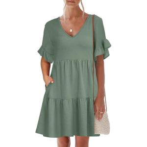 Caracilia Dresses for Women Summer Casual 2026 Ruffle Short Sleeve A Line Tiered Flowy Cute V Neck Mini Beach Dress Pockets(Light Green)