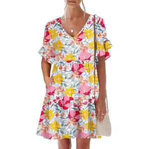 Caracilia Dresses for Women Summer Casual 2026 Ruffle Short Sleeve A Line Tiered Flowy Cute V Neck Mini Beach Dress Pockets(Multicolour Floral)