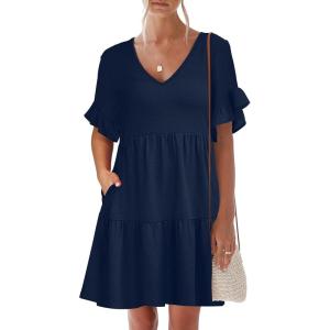 Caracilia Dresses for Women Summer Casual 2026 Ruffle Short Sleeve A Line Tiered Flowy Cute V Neck Mini Beach Dress Pockets(Navy Blue)