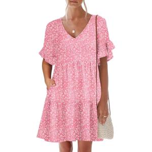 Caracilia Dresses for Women Summer Casual 2026 Ruffle Short Sleeve A Line Tiered Flowy Cute V Neck Mini Beach Dress Pockets(Pink Floral)