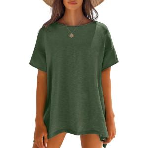 Caracilia Women Summer Lightweight Sweater Top Oversized Short Sleeve Drop Shoulder Seams Outside Casual T-Shirts Trendy 2026(Army Green)
