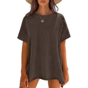 Caracilia Women Summer Lightweight Sweater Top Oversized Short Sleeve Drop Shoulder Seams Outside Casual T-Shirts Trendy 2026(Coffee)