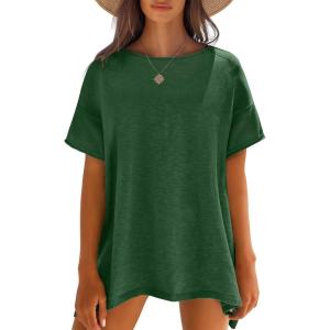 Caracilia Women Summer Lightweight Sweater Top Oversized Short Sleeve Drop Shoulder Seams Outside Casual T-Shirts Trendy 2026(Green)