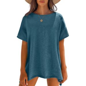 Caracilia Women Summer Lightweight Sweater Top Oversized Short Sleeve Drop Shoulder Seams Outside Casual T-Shirts Trendy 2026(Lake Blue)