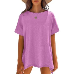Caracilia Women Summer Lightweight Sweater Top Oversized Short Sleeve Drop Shoulder Seams Outside Casual T-Shirts Trendy 2026(Light Purple)
