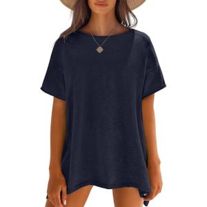 Caracilia Women Summer Lightweight Sweater Top Oversized Short Sleeve Drop Shoulder Seams Outside Casual T-Shirts Trendy 2026(Navy Blue)