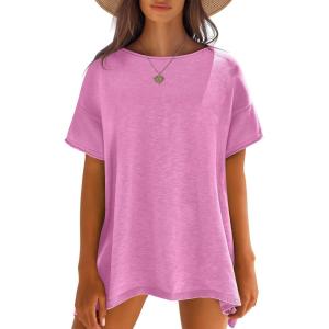 Caracilia Women Summer Lightweight Sweater Top Oversized Short Sleeve Drop Shoulder Seams Outside Casual T-Shirts Trendy 2026(Pink)