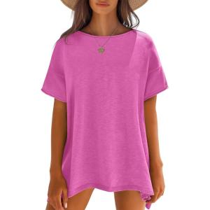 Caracilia Women Summer Lightweight Sweater Top Oversized Short Sleeve Drop Shoulder Seams Outside Casual T-Shirts Trendy 2026(Rose Red)