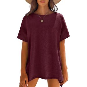 Caracilia Women Summer Lightweight Sweater Top Oversized Short Sleeve Drop Shoulder Seams Outside Casual T-Shirts Trendy 2026(Wine Red)