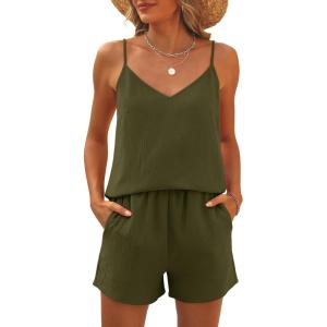 Caracilia Womens 2 Piece Lounge Sets Summer Outfits V Neck Tank Top Short Matching Set Casual Travel Beach Vacation Clothes(Army Green)