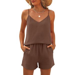 Caracilia Womens 2 Piece Lounge Sets Summer Outfits V Neck Tank Top Short Matching Set Casual Travel Beach Vacation Clothes(Bown)