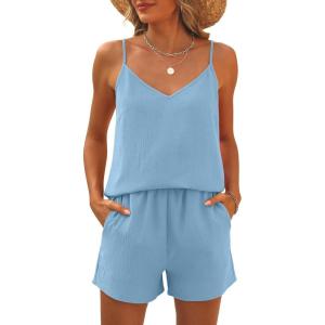 Caracilia Womens 2 Piece Lounge Sets Summer Outfits V Neck Tank Top Short Matching Set Casual Travel Beach Vacation Clothes(Bright Blue)