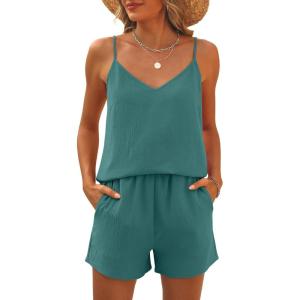 Caracilia Womens 2 Piece Lounge Sets Summer Outfits V Neck Tank Top Short Matching Set Casual Travel Beach Vacation Clothes(Lake)