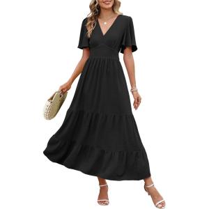 Caracilia Womens Summer Maxi Dresses Casual Ruffle Short Sleeve V Neck Tiered A-Line Flowy Boho Beach Long Dress with Pockets(Black)