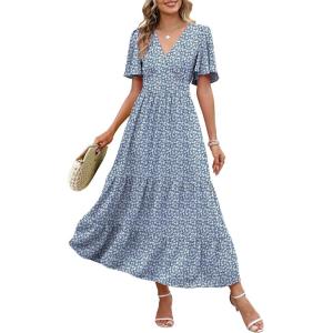 Caracilia Womens Summer Maxi Dresses Casual Ruffle Short Sleeve V Neck Tiered A-Line Flowy Boho Beach Long Dress with Pockets(Blue White Floral)