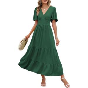Caracilia Womens Summer Maxi Dresses Casual Ruffle Short Sleeve V Neck Tiered A-Line Flowy Boho Beach Long Dress with Pockets(Dark Green)