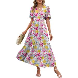 Caracilia Womens Summer Maxi Dresses Casual Ruffle Short Sleeve V Neck Tiered A-Line Flowy Boho Beach Long Dress with Pockets(Red Yellow Floral Leaf)