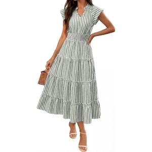 Caracilia Womens Summer Maxi Dresses Casual V Neck Cap Sleeve Gingham Striped Dress Flowy Tiered Beach Vacation Midi Sundress(Green White Stripe)