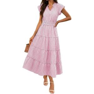 Caracilia Womens Summer Maxi Dresses Casual V Neck Cap Sleeve Gingham Striped Dress Flowy Tiered Beach Vacation Midi Sundress(Pink Plaid)