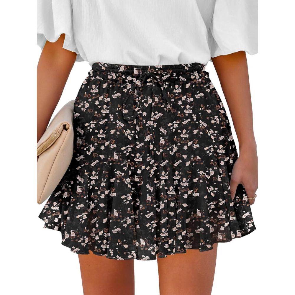 imageCaracilia Flowy Skorts for Women Summer High Waist Ruffle Pleated Boho Mini Skirts 2026 Casual Chiffon Beach Short SkirtBlack Begie Floral
