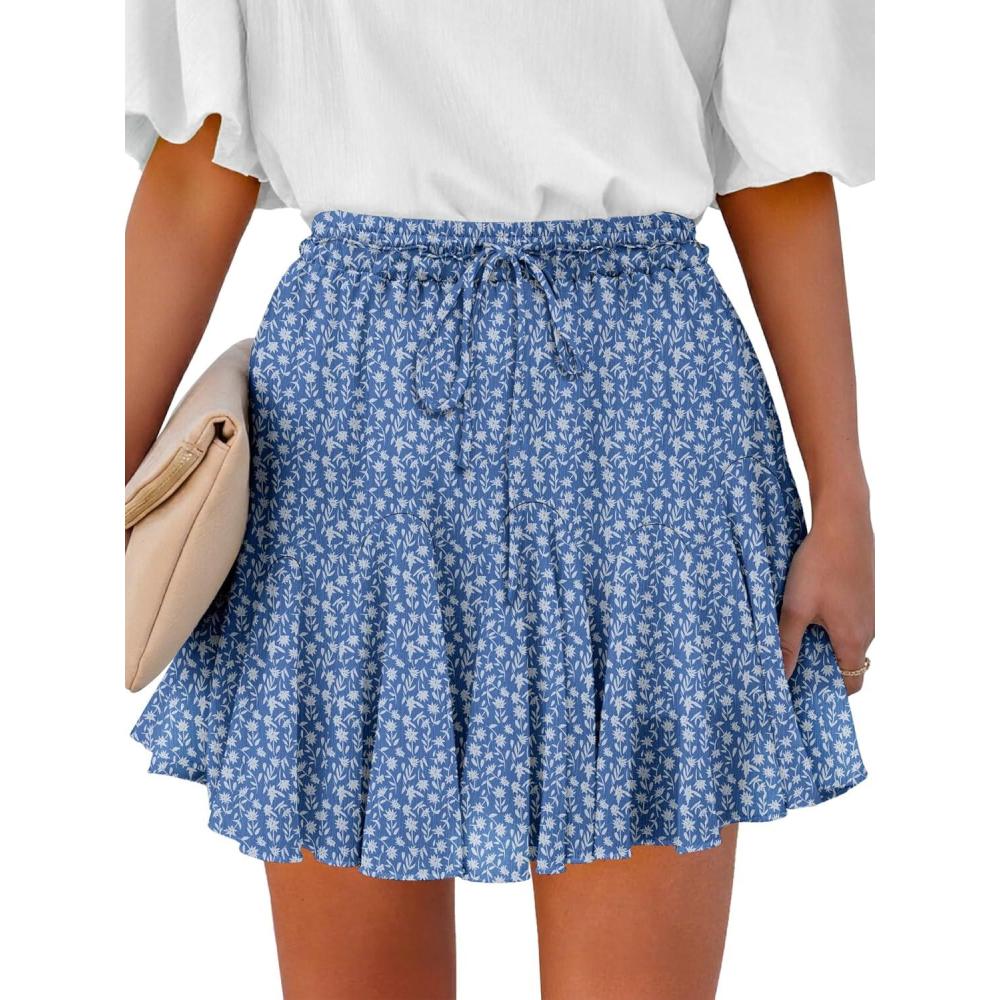 imageCaracilia Flowy Skorts for Women Summer High Waist Ruffle Pleated Boho Mini Skirts 2026 Casual Chiffon Beach Short SkirtBlue White Floral