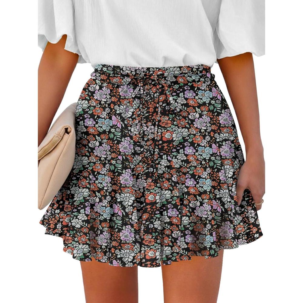 imageCaracilia Flowy Skorts for Women Summer High Waist Ruffle Pleated Boho Mini Skirts 2026 Casual Chiffon Beach Short SkirtBrown Pink Floral