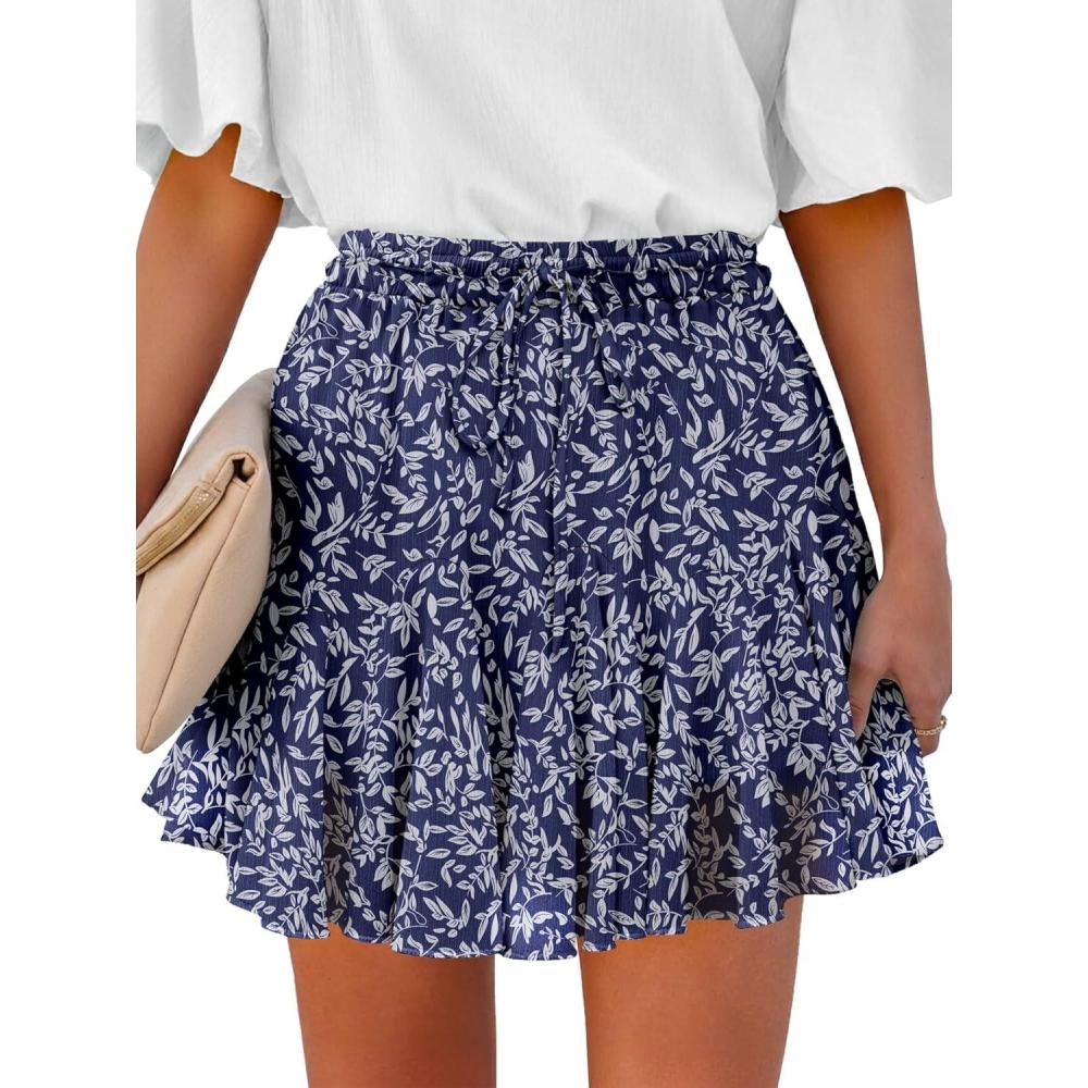 imageCaracilia Flowy Skorts for Women Summer High Waist Ruffle Pleated Boho Mini Skirts 2026 Casual Chiffon Beach Short SkirtNavy Blue White Leaf