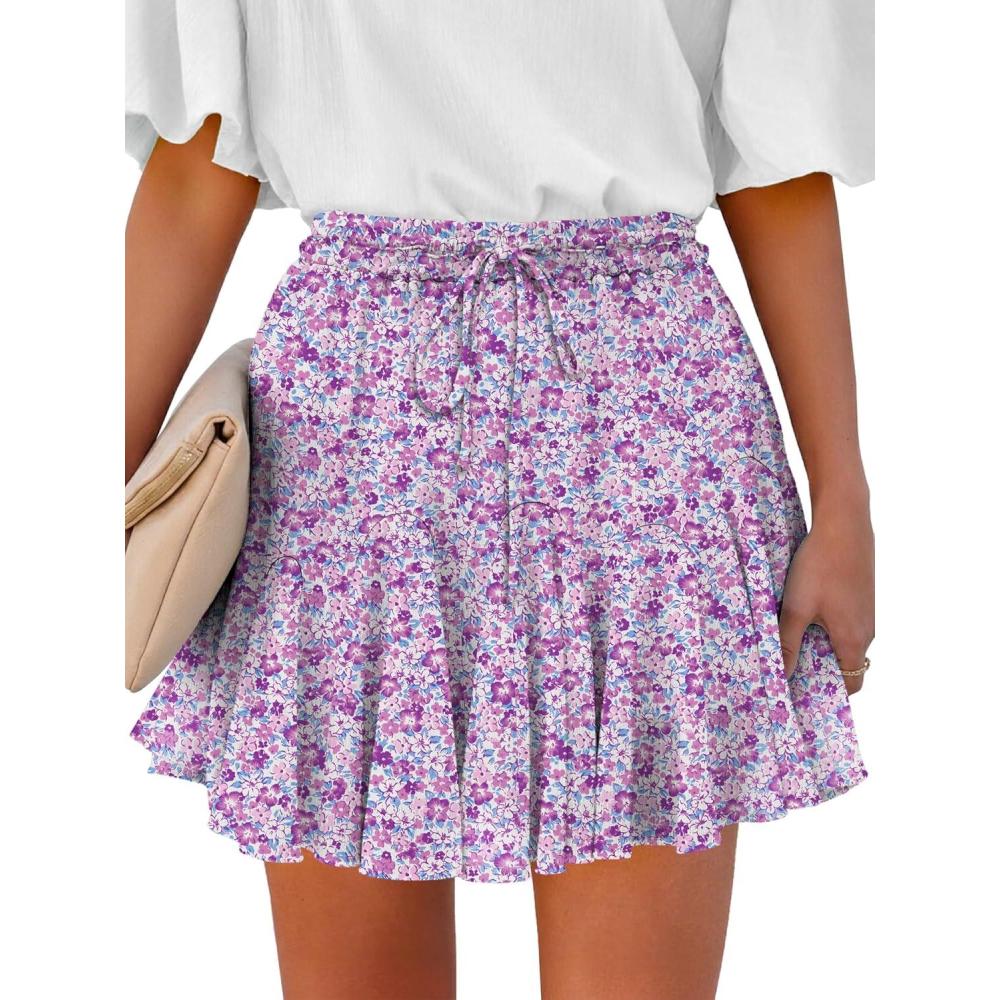 imageCaracilia Flowy Skorts for Women Summer High Waist Ruffle Pleated Boho Mini Skirts 2026 Casual Chiffon Beach Short SkirtPurple Blue Floral